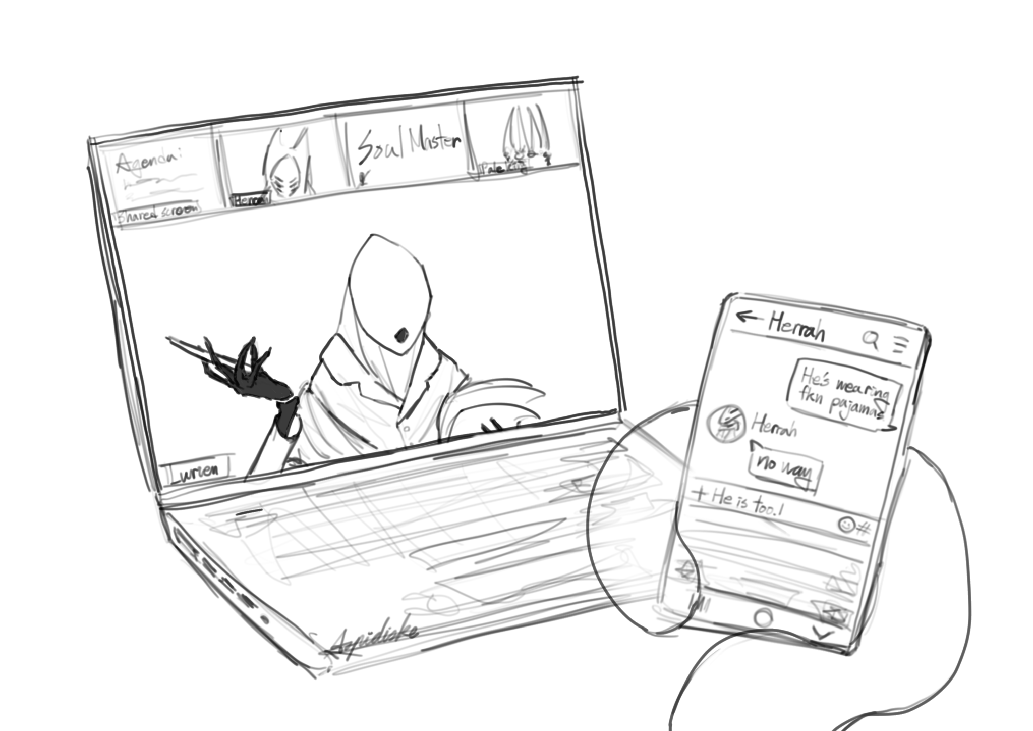 Drawing of Hollow Knight characters in a zoom meeting wearing modern era human clothes. Lurien is the speaker, he is looking down at some papers in his right hand while gesturing with a pen with his left. He is wearing a shawl over a plain white pajama top that could pass for a shirt. Thumbnails of Herrah, the Soul Master (who has his microphone and camera turned off), and the Pale King (with only his horns visible through the camera) are on the top of the screen. In front of the laptop showing the zoom meeting, one of Monomon's tentacles is texting on a smartphone.