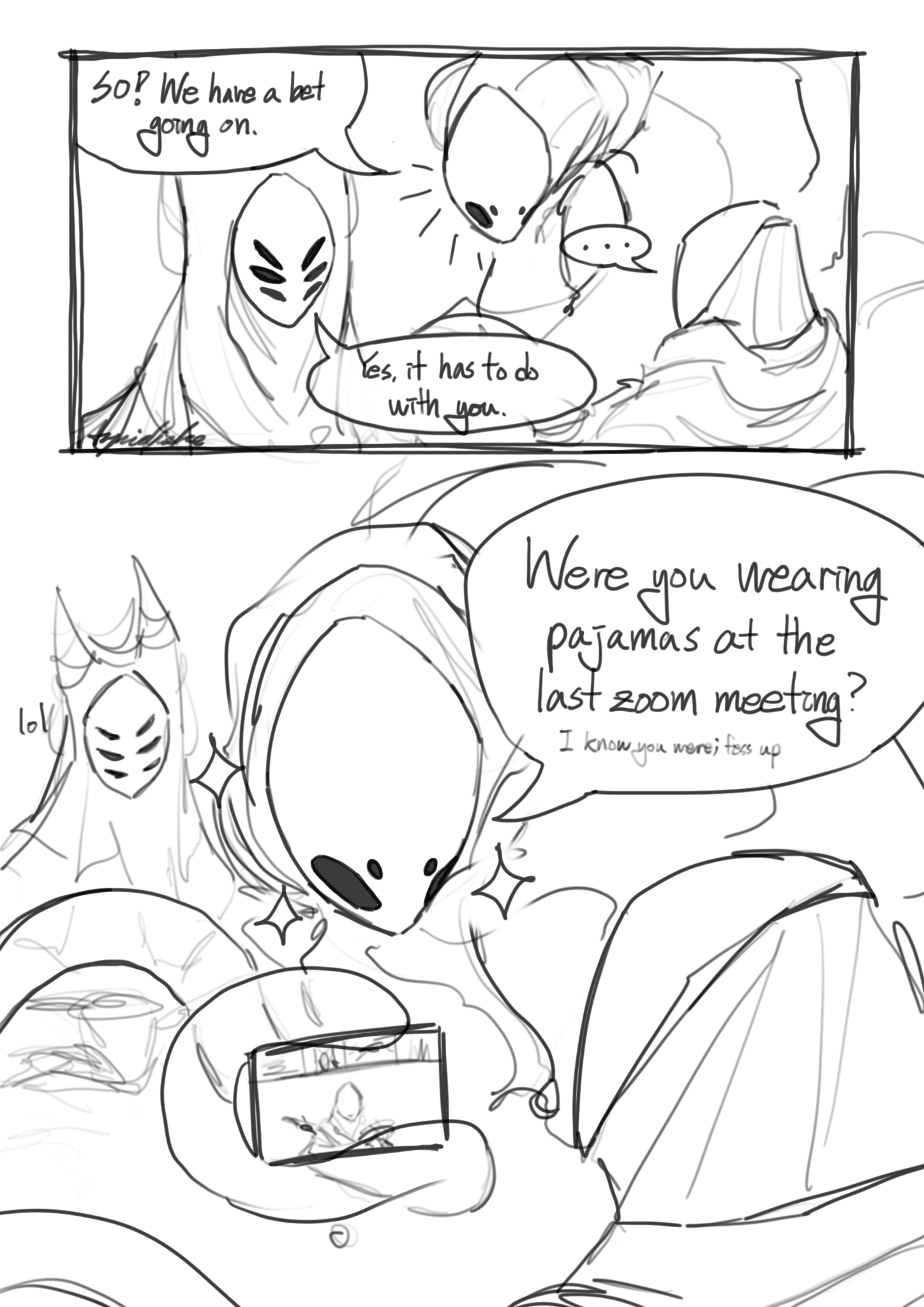 Comic page 1. Monomon and Herrah crown in on Lurien. Monomon shoves a smartphone showing a screenshot of the zoom meeting from the previous image into Lurien's face while Herrah laughs in the background.