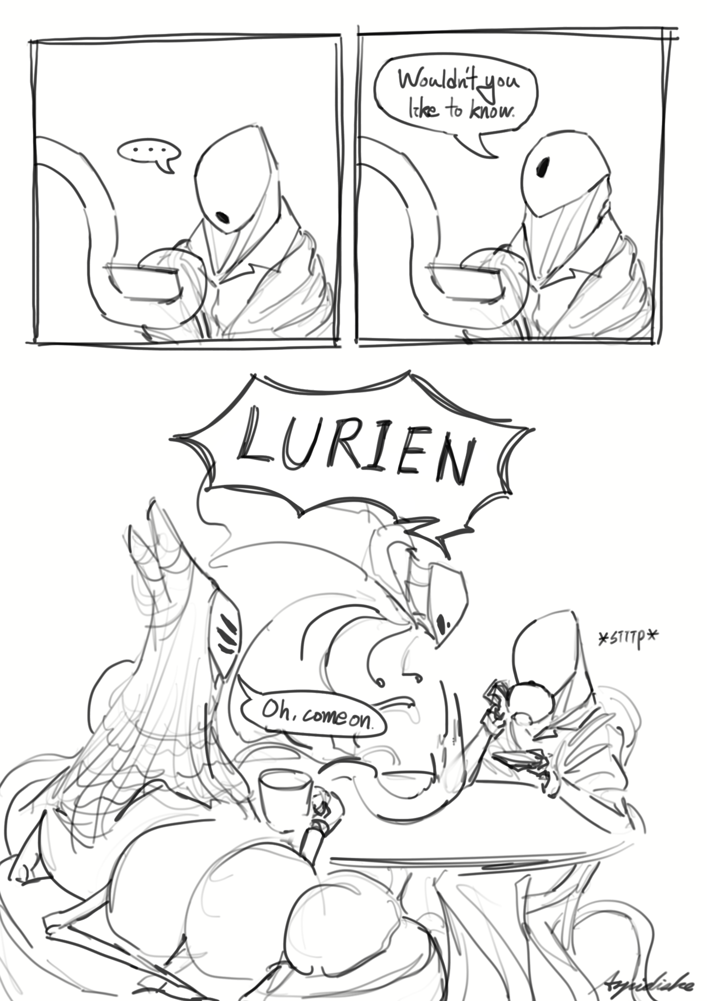 Comic page 2. Lurien wordlessly looks down at the phone, then lifts his head to look Monomon in the eyes. Monomon slams her tentacle down on the table while Lurien ignores her in favor of sipping his tea. Herrah groans.