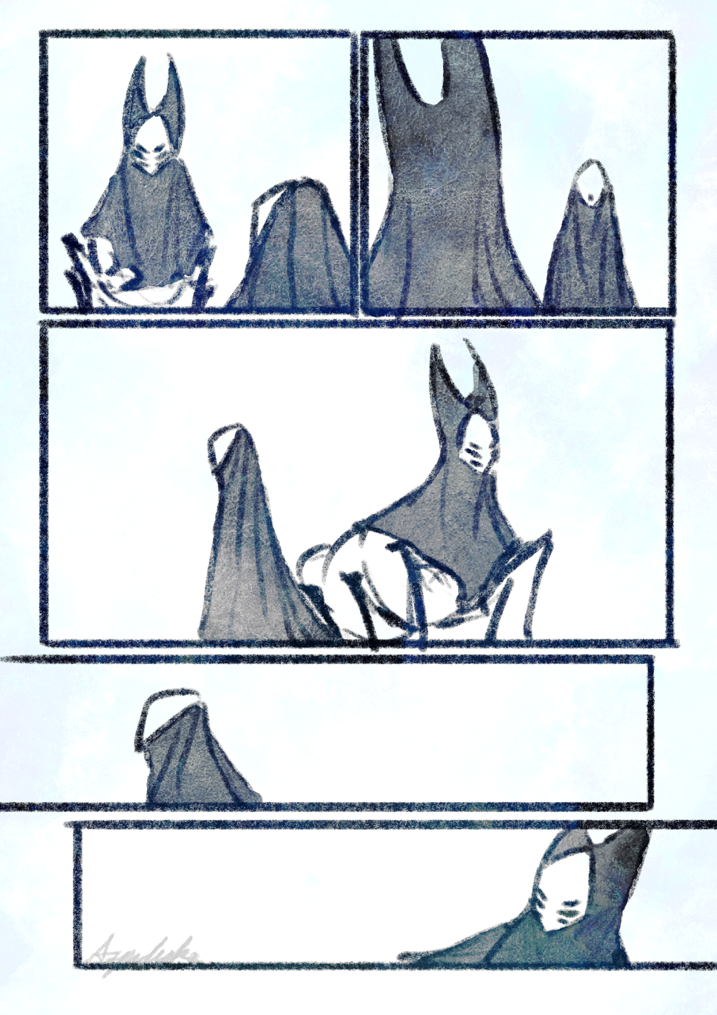 Comic page 1. Herrah and Lurien meet in a corridor. Lurien passes by Herrah without a word as she stares after him.