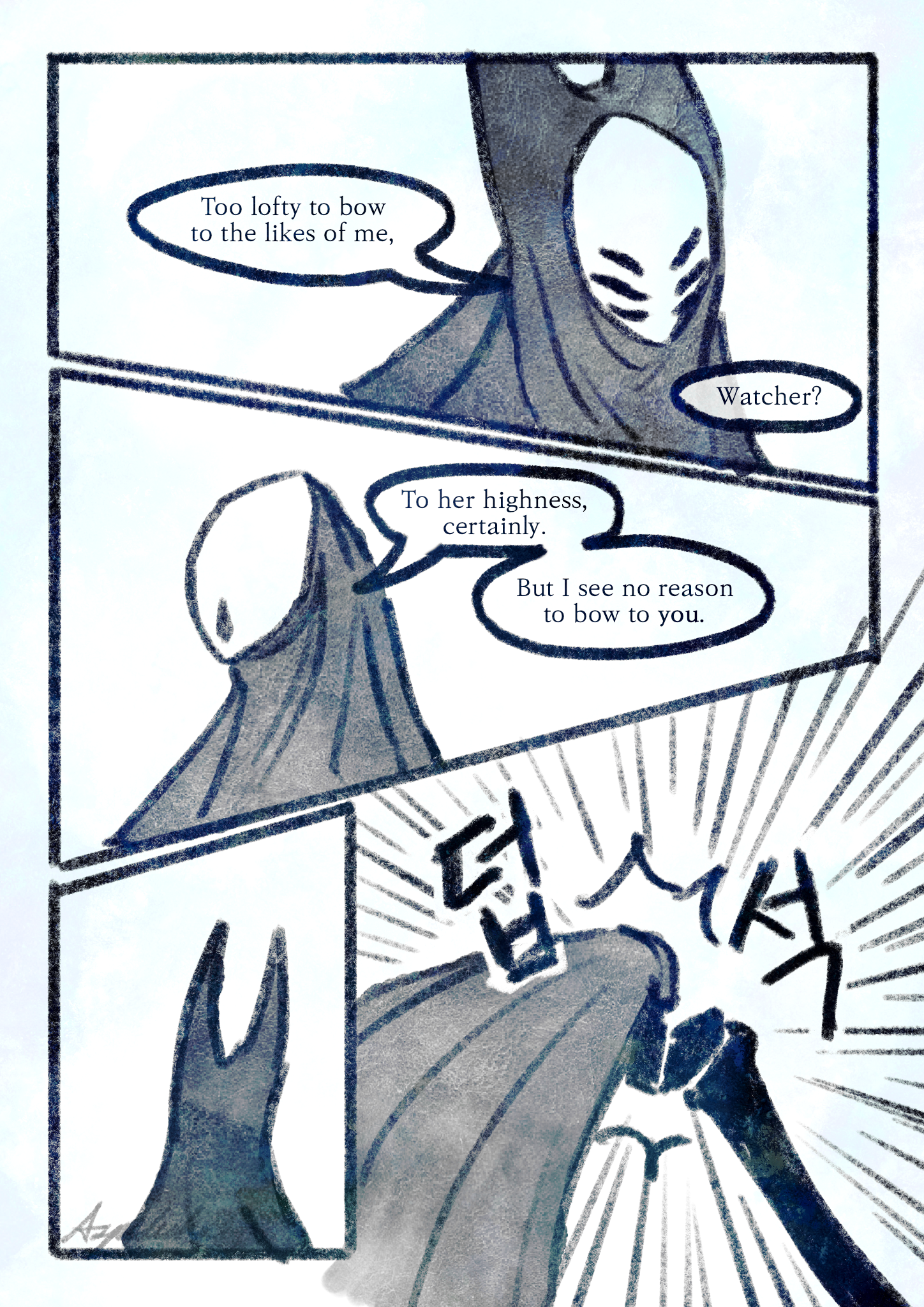 Comic page 2. Herrah glares at Lurien. Lurien taunts her, unfazed. Herrah stills, then grabs Lurien by the front of his cloak.