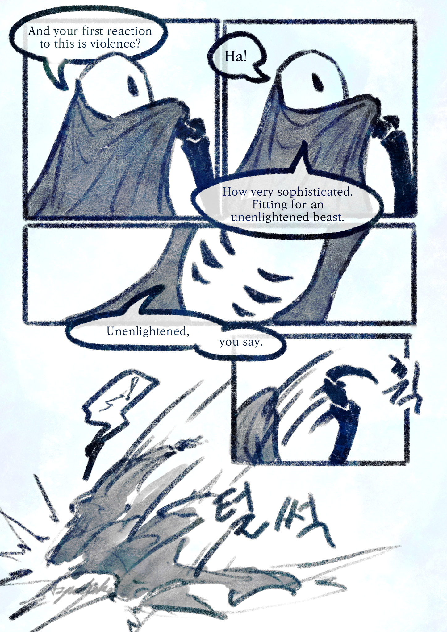 Comic page 4. Lurien mockes Herrah despite being at her mercy. Herrah takes a breath, and throws him to the ground.